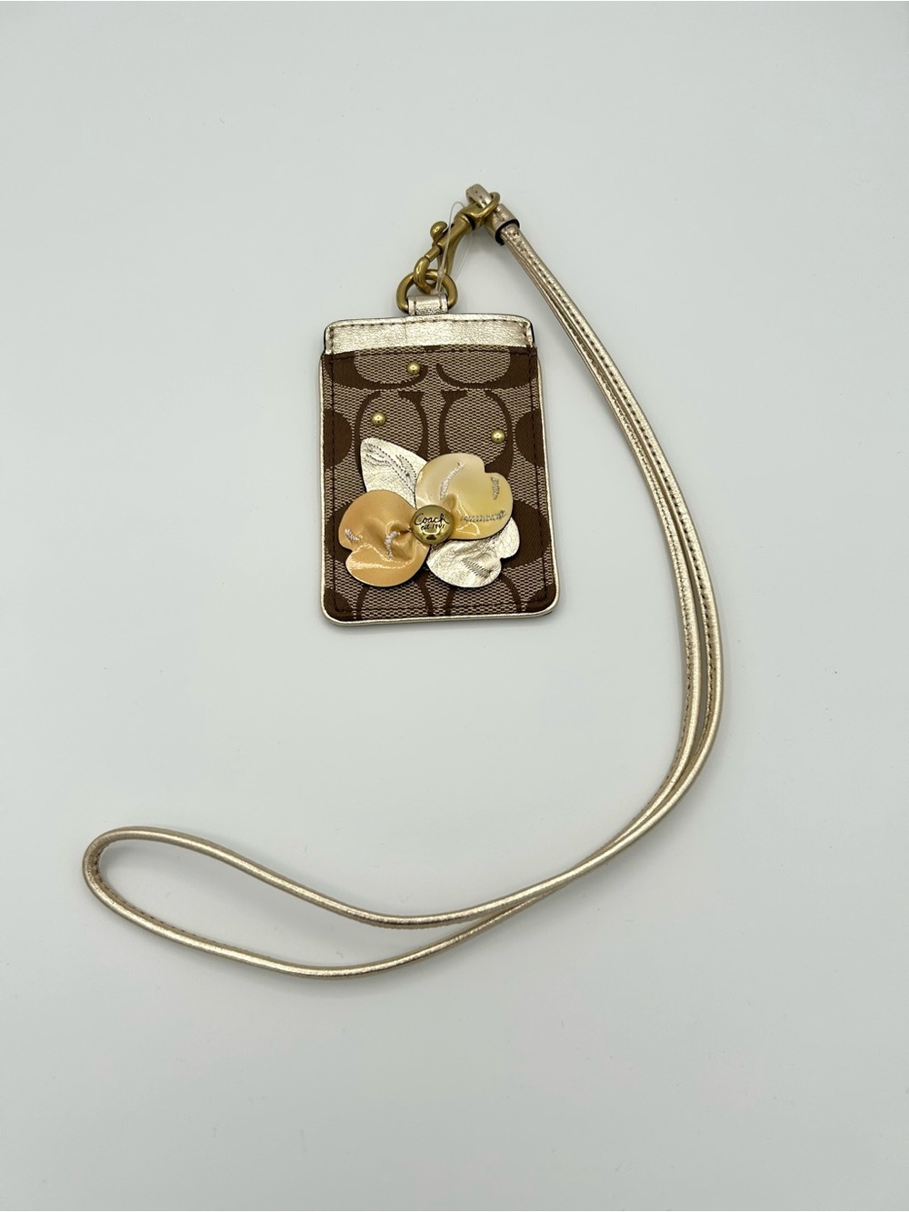 Coach ID Holder With Lanyard Flower Theme 3D NWOT Gold Trim